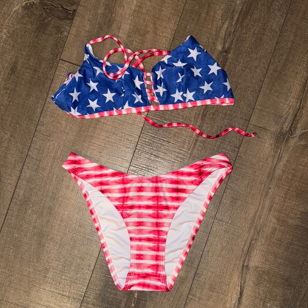 American Flag Strappy Bandeau Bikini Top High Leg Cheeky Bikini Bottoms